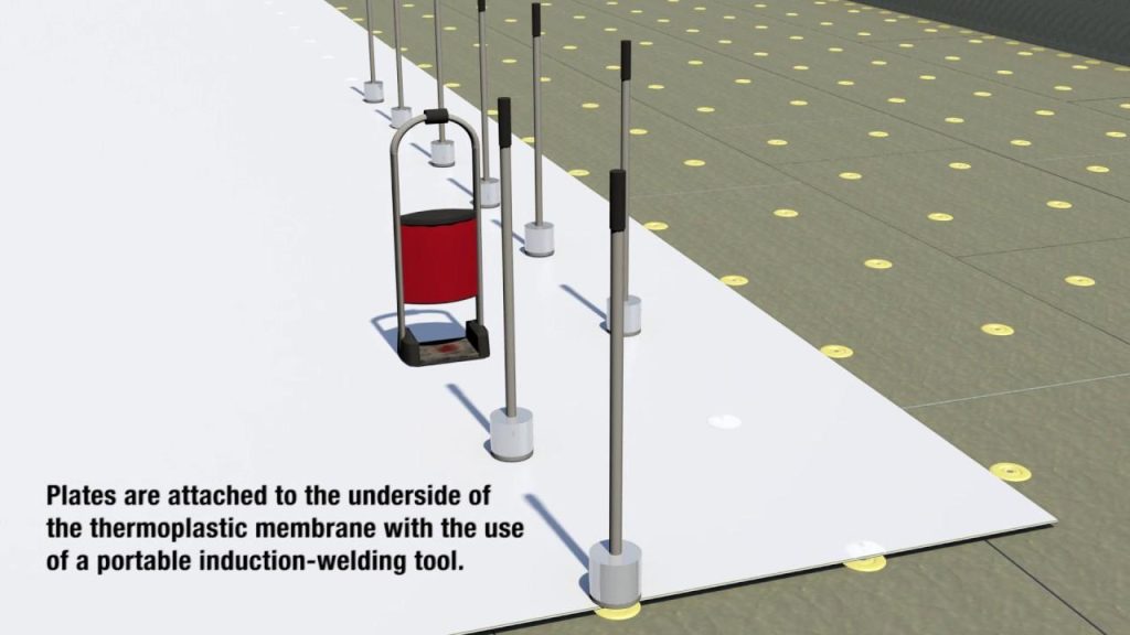 induction welding plates are attached to the underside of the thermoplastic membrane with the use of a portable induction welding tool